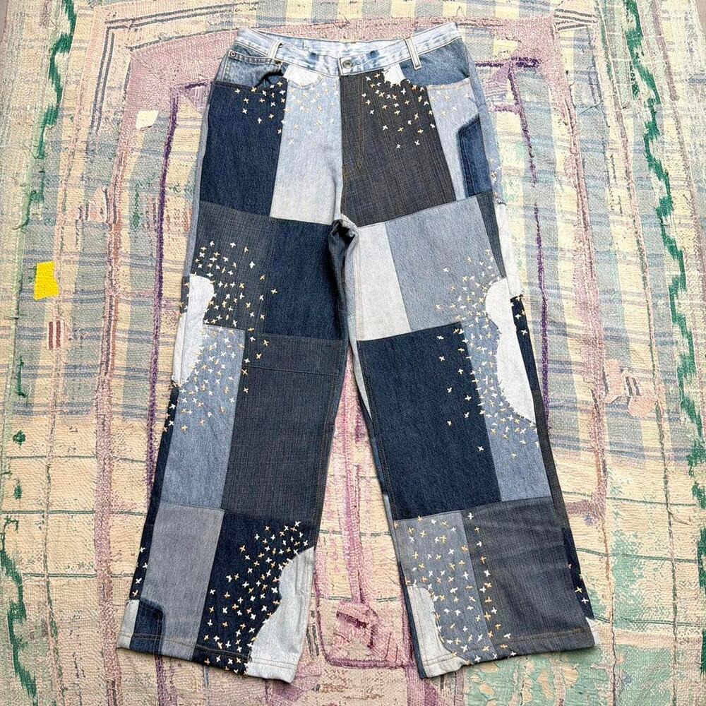Custom Upcycled patchwork wide leg  denim jeans with sashiko 31x29